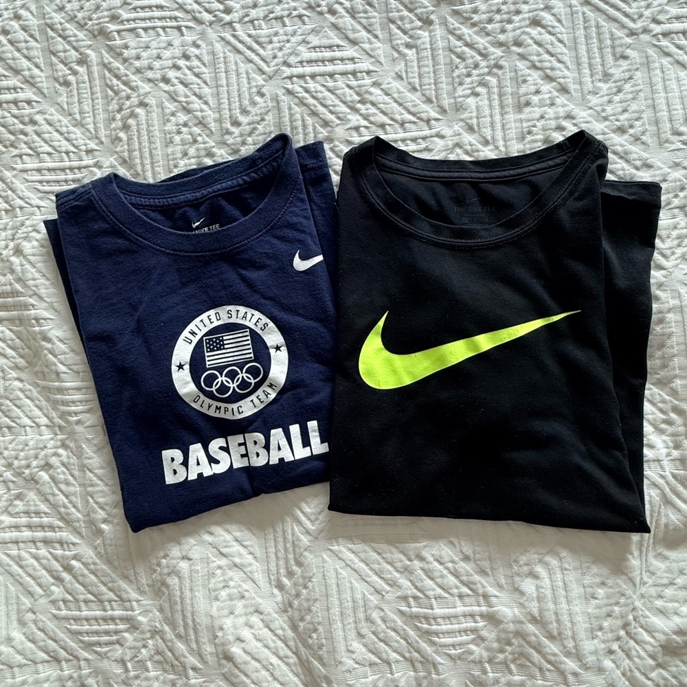 2 Nike Kids' Large Shirts - Black Dri-FIT with Neon Swoosh & Navy USA Baseball